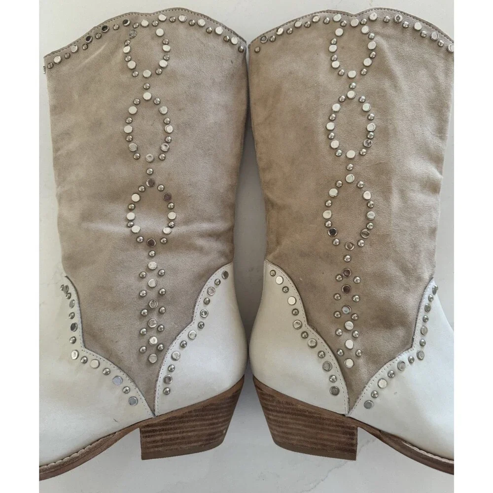 Free People Jaxon Studded Western Cowboy Boots Cream Excellent 38.5 8